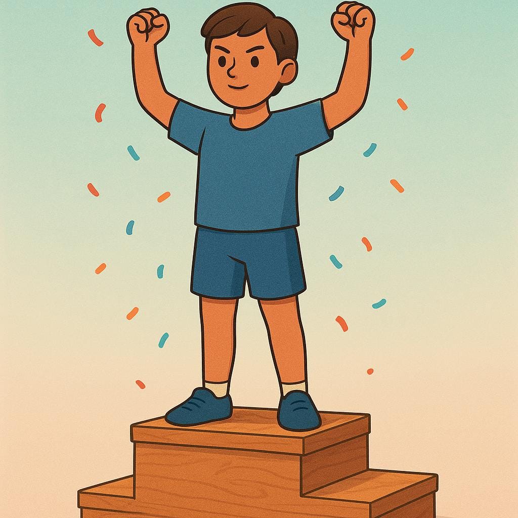 A simple illustration of a person wearing athletic gear, raising their arms in a victorious pose while standing on a small winner's podium.