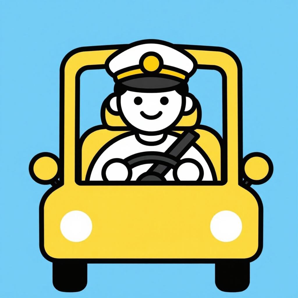 A friendly person wearing a uniform cap sitting behind the steering wheel of a bright yellow car.