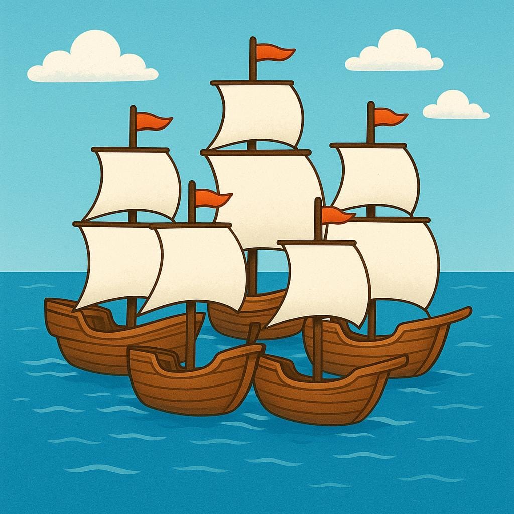 Five identical wooden sailing ships traveling closely together on a calm blue ocean, illustrating a fleet.