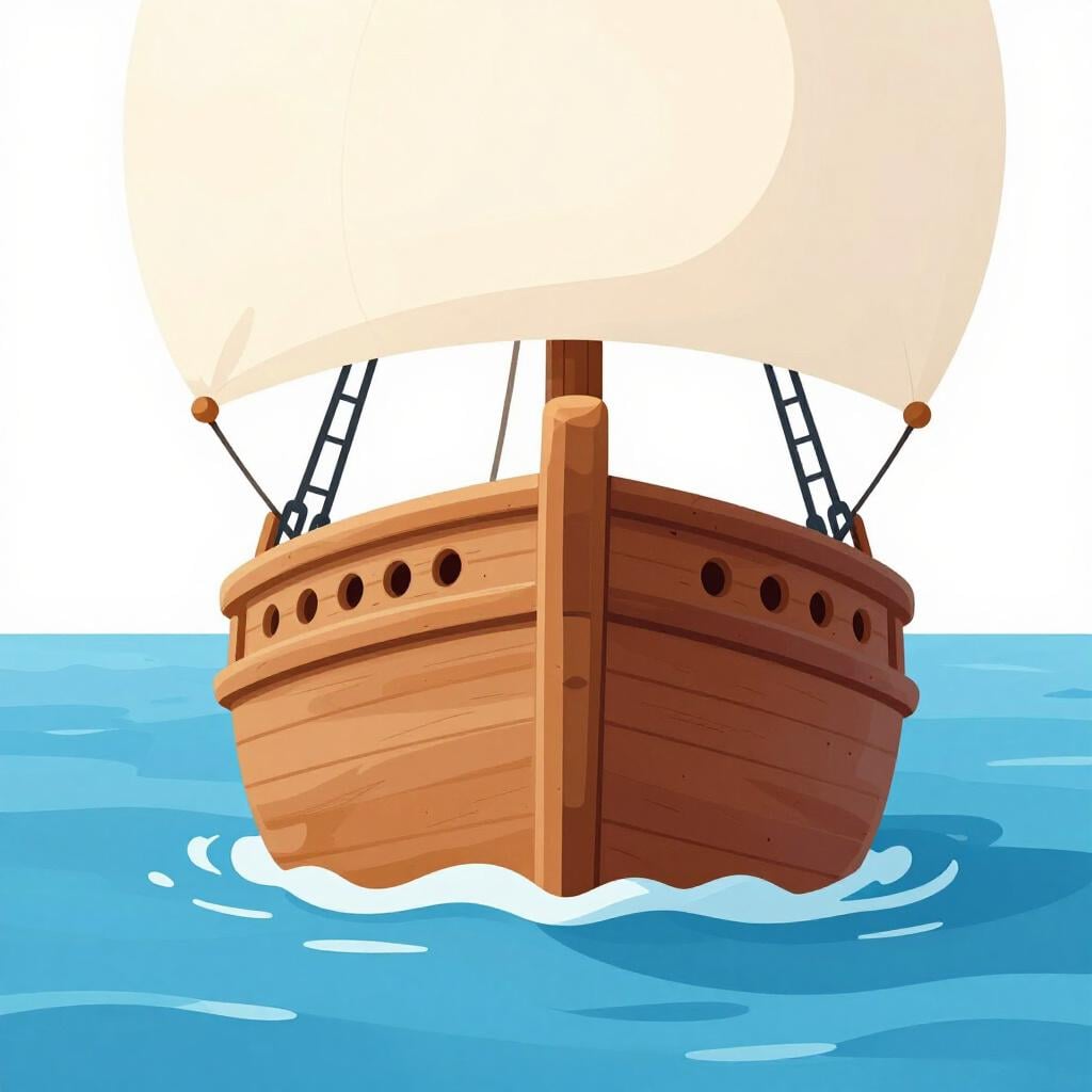 Une illustration colorée montrant la partie arrière d'un navire en bois flottant sur une eau calme.