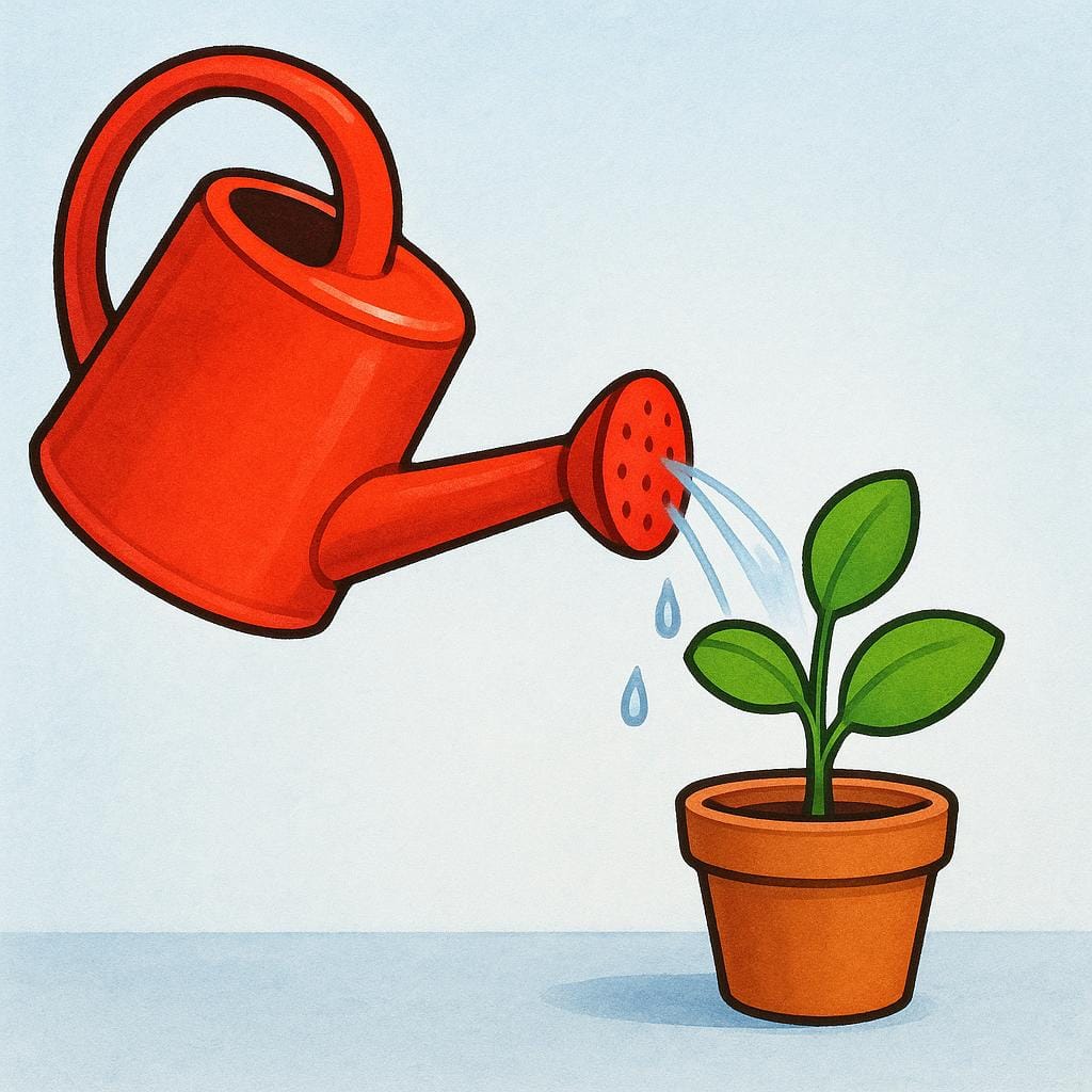 Une bouilloire rouge vif versant de l'eau sur une petite plante en pot verte, illustrant l'utilité et l'aide.