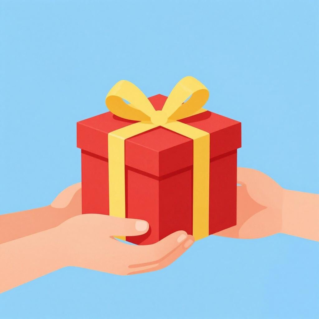 A person handing a brightly wrapped gift box to another person.