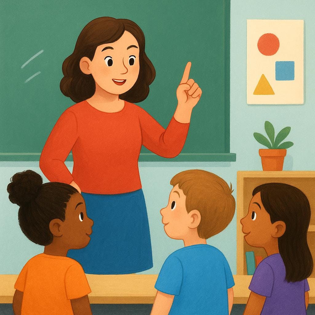 Een formeel geklede leraar staat voor drie studenten en gebruikt een gebiedend gebaar om hen te instrueren te spreken.