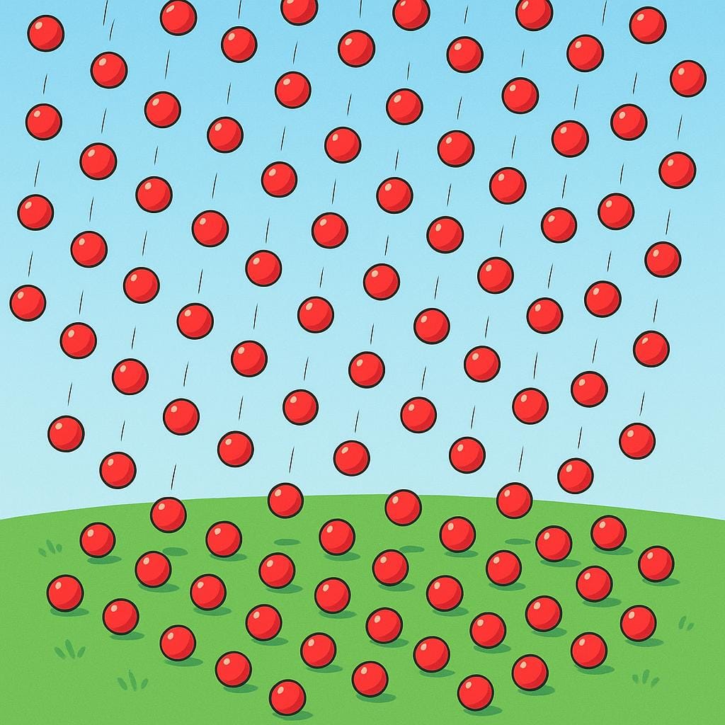 Un'illustrazione semplice, colorata e di alta qualità in stile libro di storie che mostra una sequenza di piccole palle rosse identiche che cadono molto vicine l'una all'altra su un pezzo di erba verde, a simboleggiare un alto tasso di occorrenza.