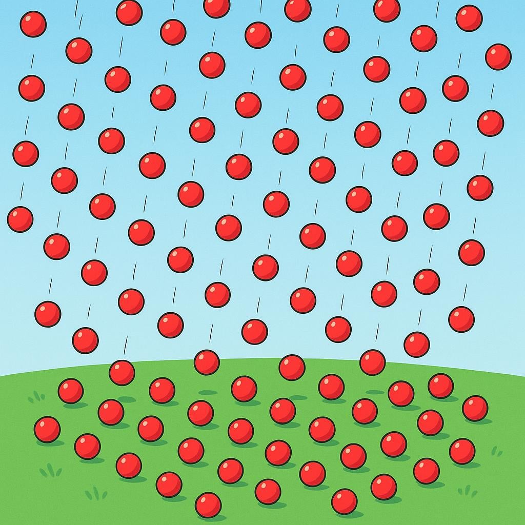 A high quality simple colorful storybook illustration showing a sequence of identical small red balls falling very close together onto a patch of green grass, symbolizing a high rate of occurrence.