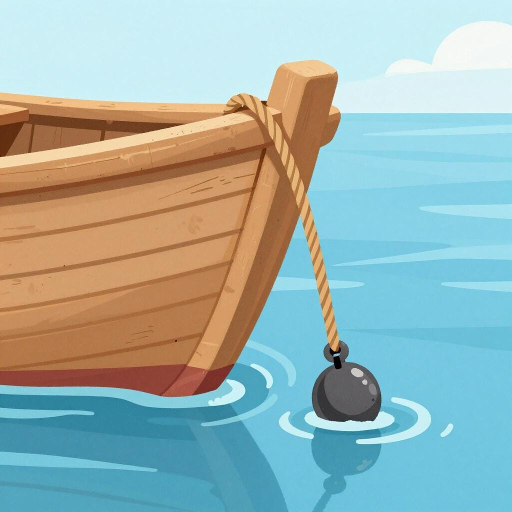 Eine bunte Illustration eines einfachen Bootes auf dem Wasser mit einem beschwerten Seil, das tief ins Meer hinabreicht, um die Tiefe zu messen.