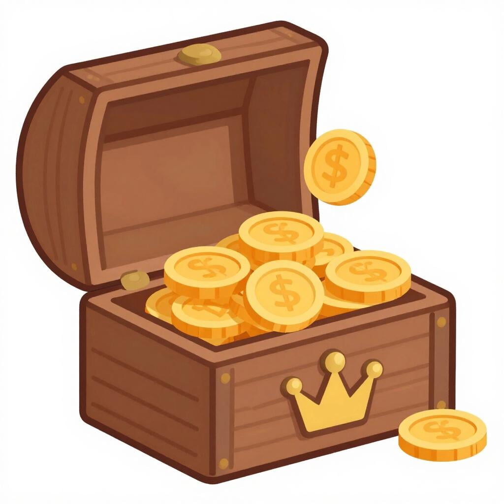 A small pile of gold coins being placed into a wooden box labeled with a crown symbol.