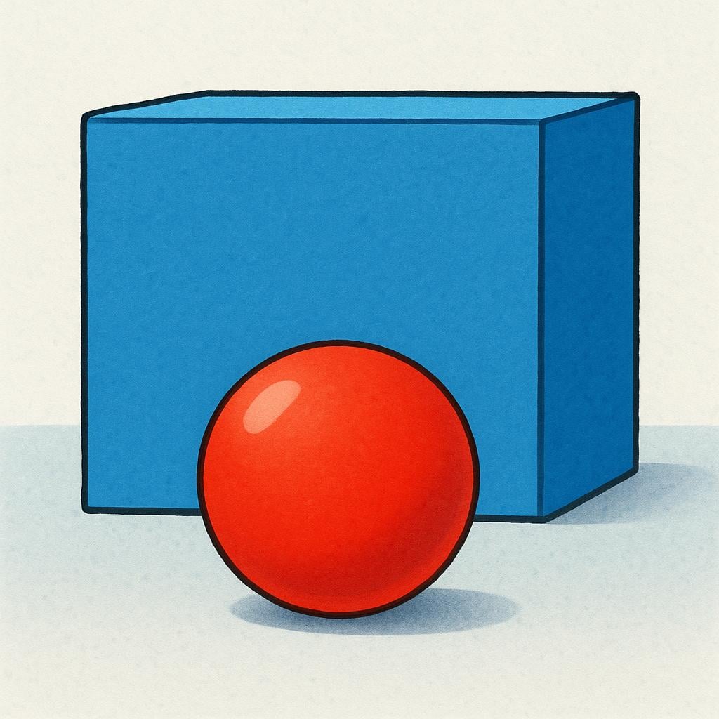 A bright red ball is placed directly in front of a large, solid blue rectangular box, illustrating the prepositional phrase 'in front of'.