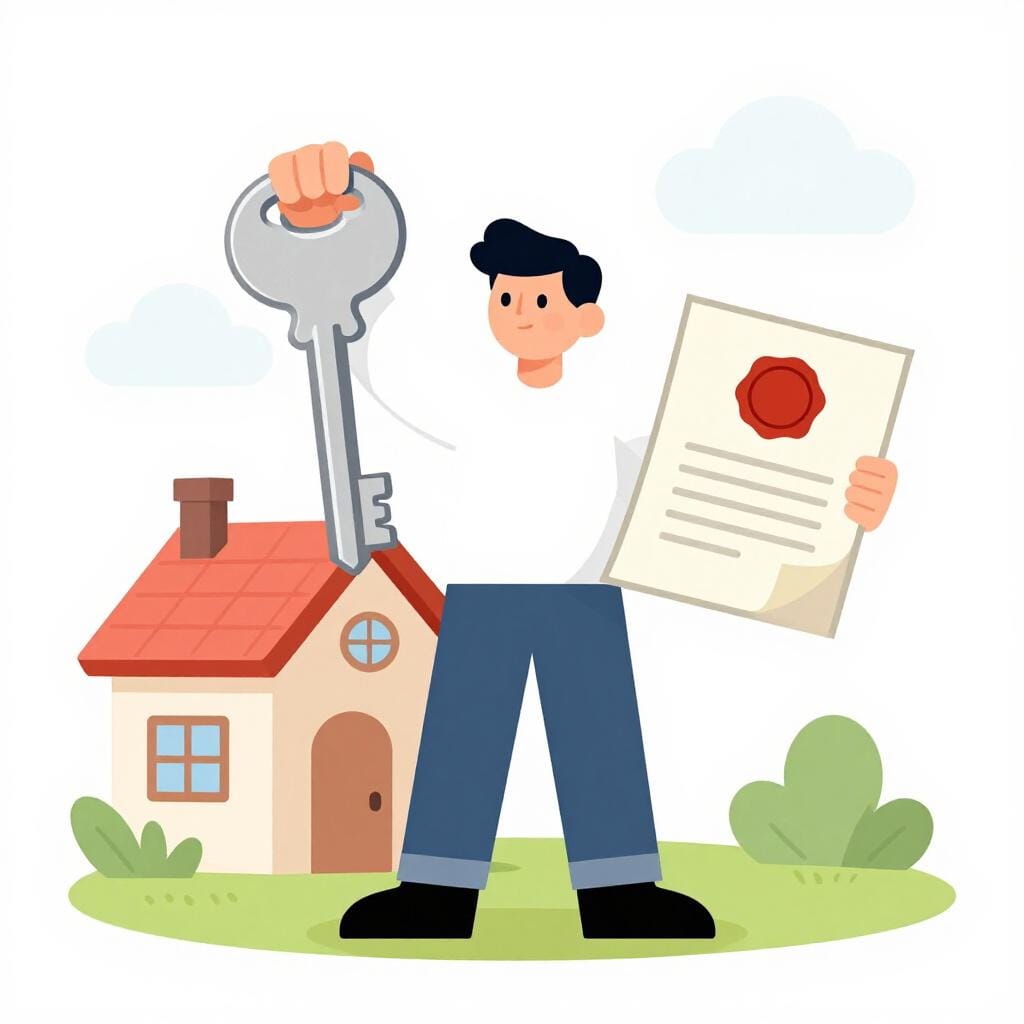 A person holding a set of keys and a deed with a wax seal in front of a small house.