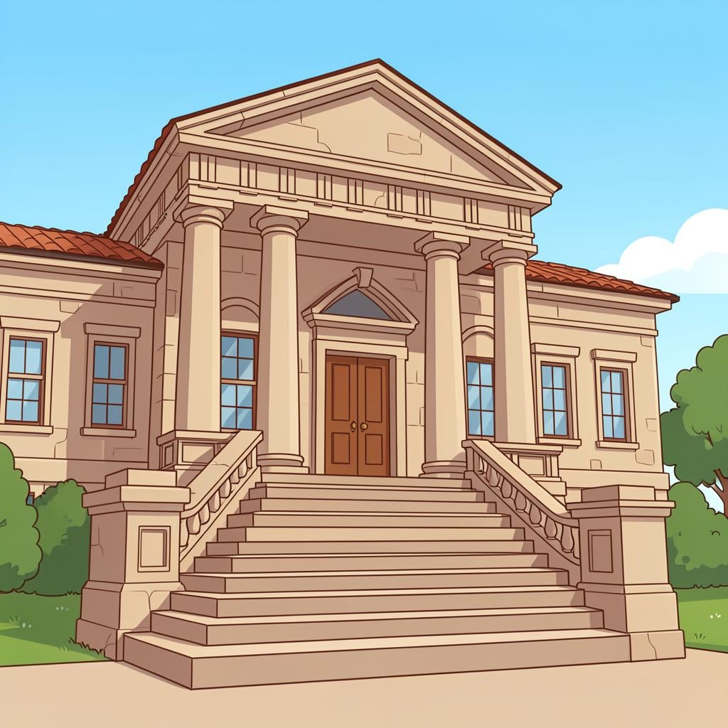 A formal government building with tall pillars and a flag, representing a public institution.