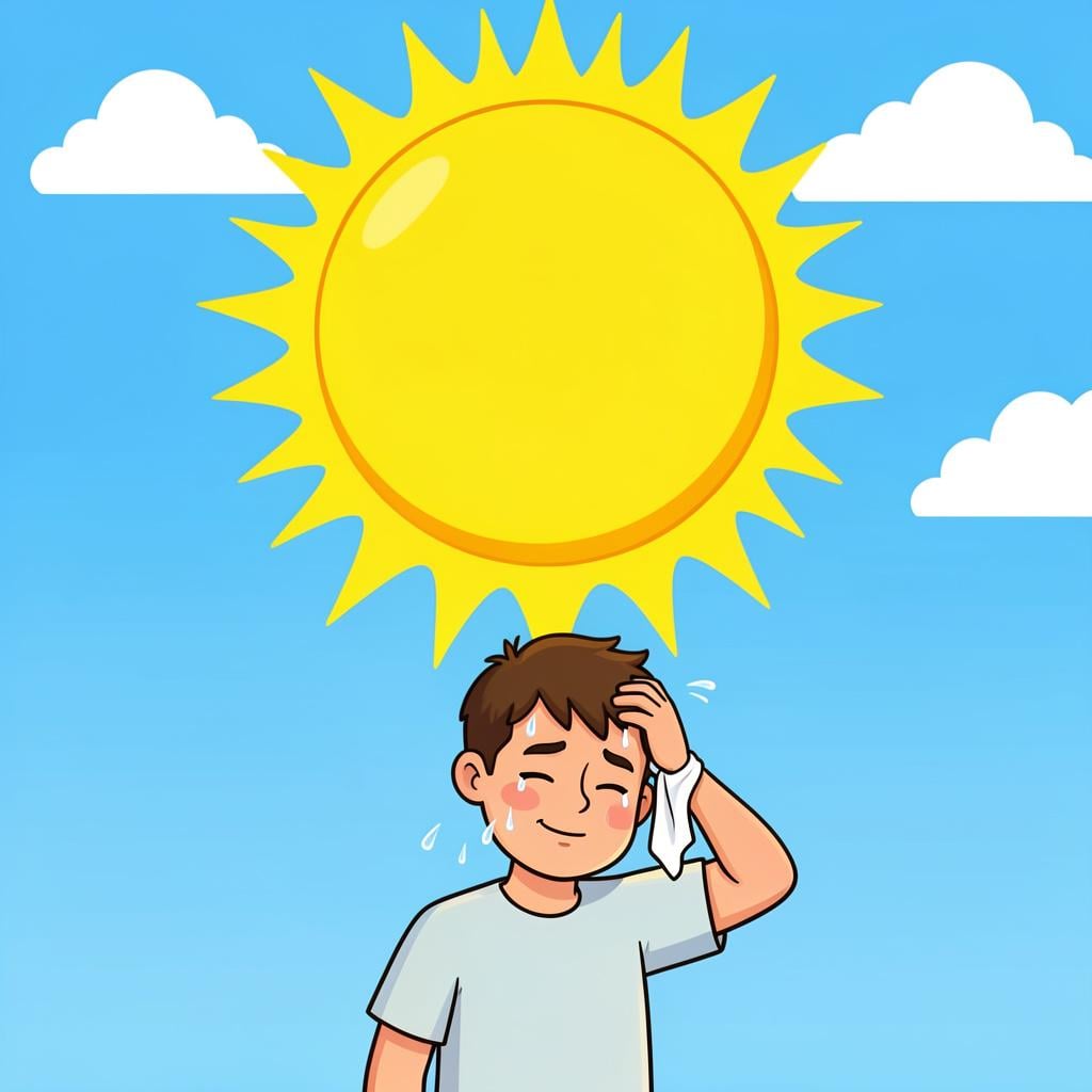 A bright yellow sun shining intensely over a person wiping sweat from their forehead.