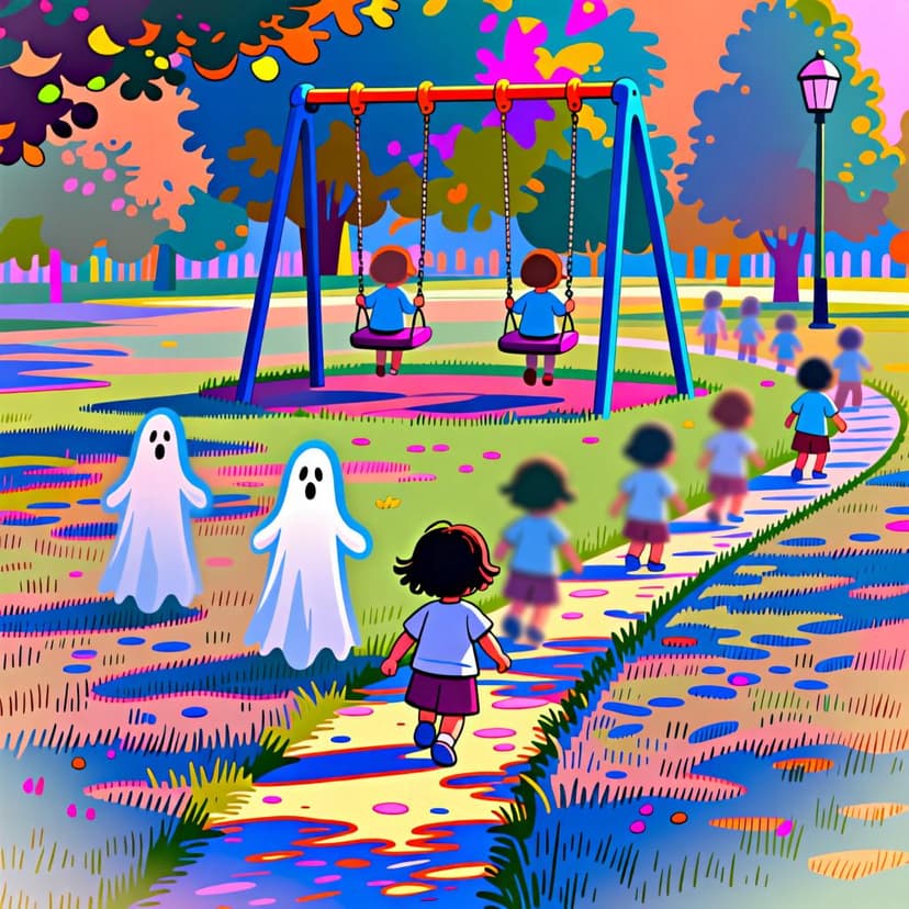 A visualization of a repeated past action, showing a child habitually walking along a path toward a sunny park.