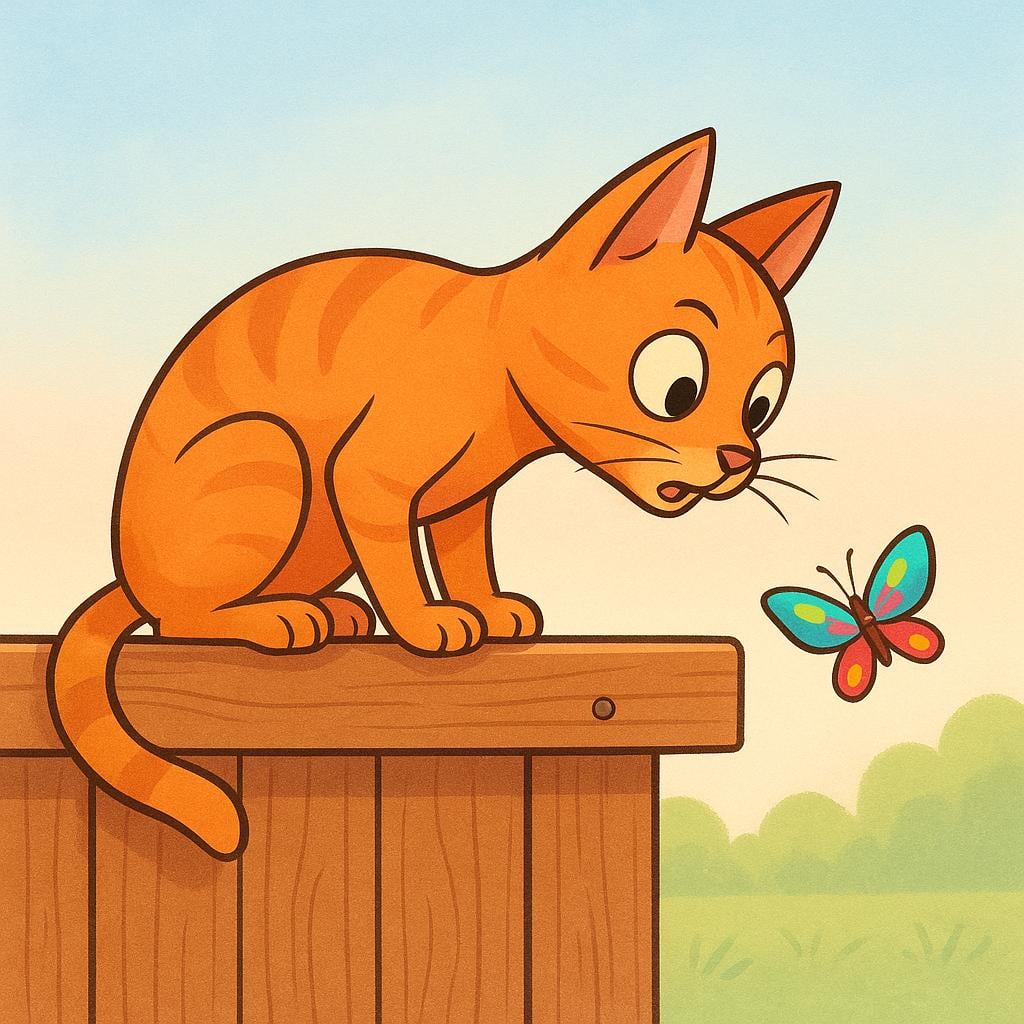 A curious cat perched on a fence, leaning forward intently to peer at a small, fluttering butterfly.