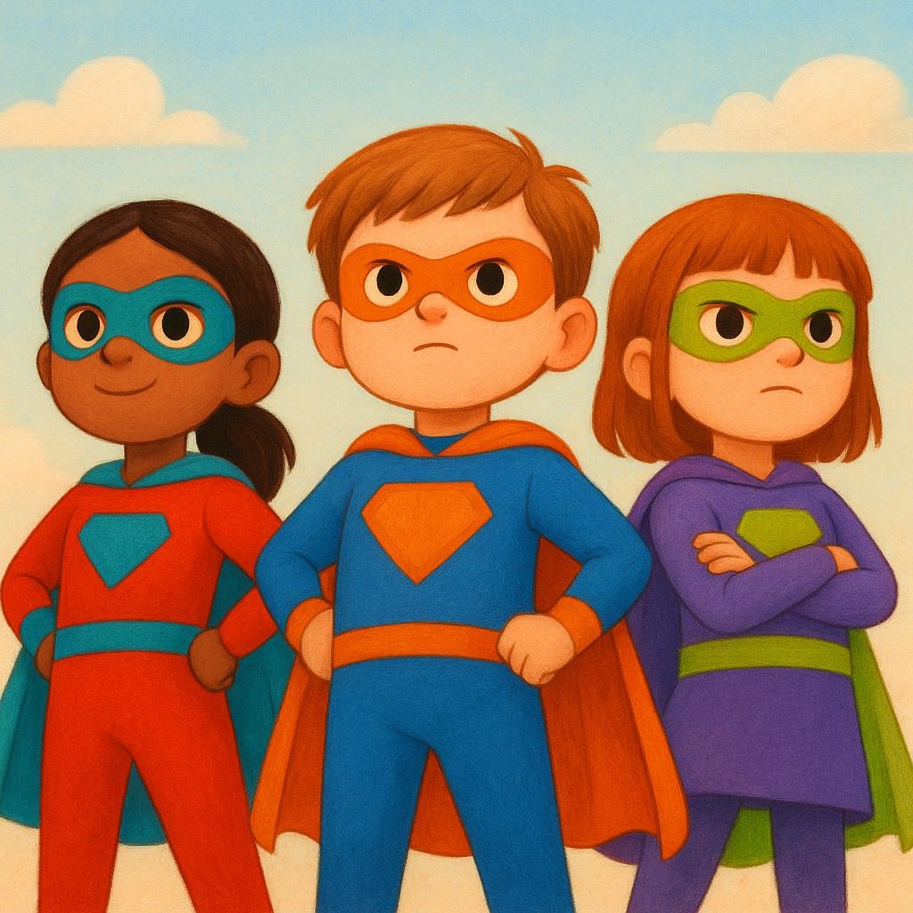Three young children wearing colorful superhero costumes stand together, posing confidently against a bright background.
