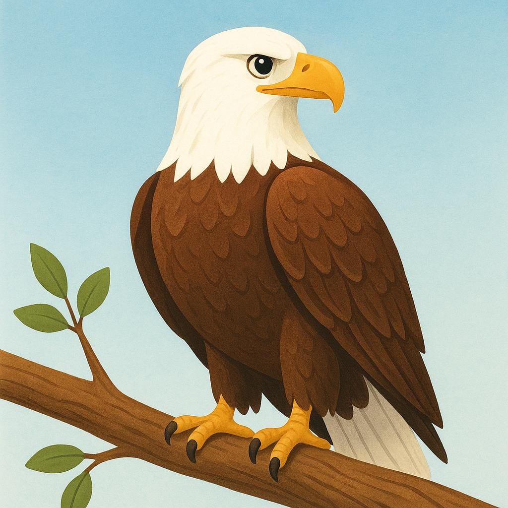 Un simple dessin d'un Pygargue à tête blanche, l'oiseau national des États-Unis, perché sur une branche.