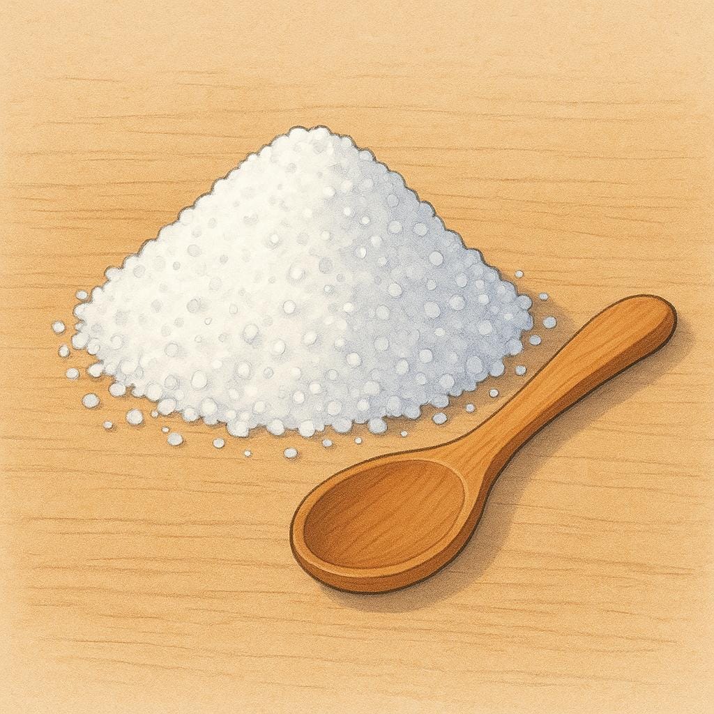 A small, shimmering white pile of crystalline table salt next to a wooden spoon on a neutral background.