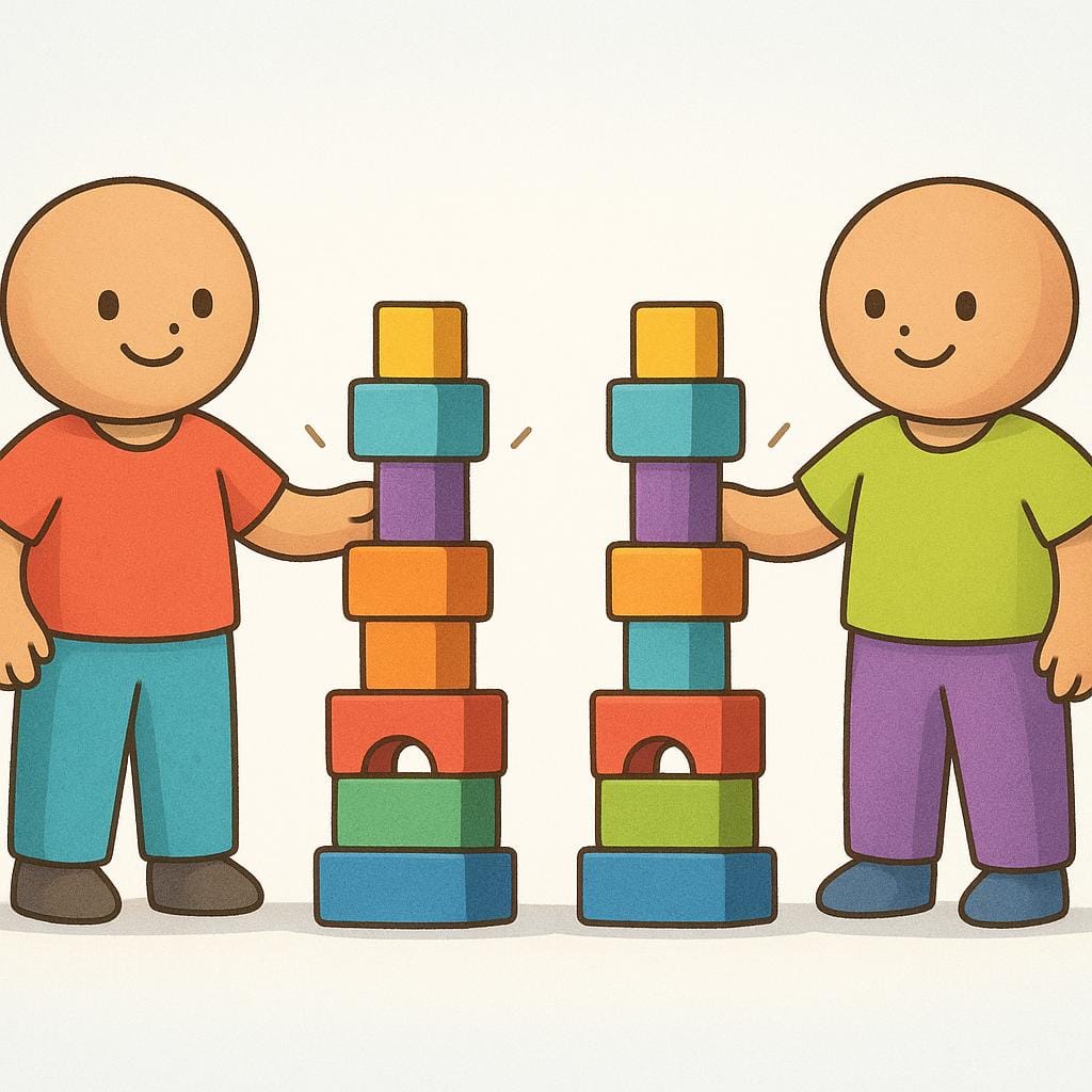 Two simplified figures standing next to two identical, finished towers made of colorful wooden blocks, indicating the repetition of the stacking action.