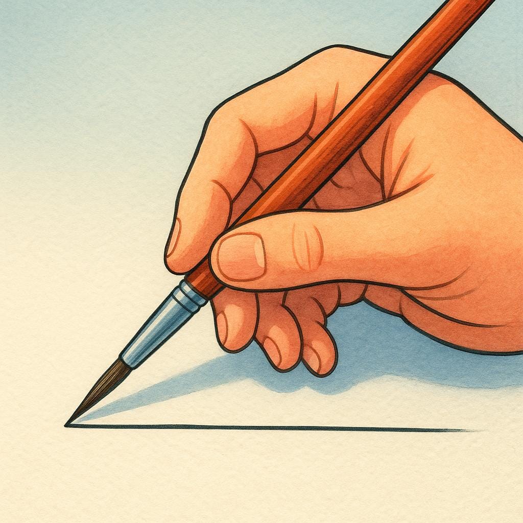 A close-up illustration of a hand holding a fine paintbrush, demonstrating a steady hand while painting a precise, thin line.