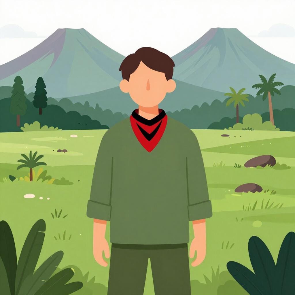 Une personne en uniforme simple se tenant fièrement sur fond de paysage tropical au Nicaragua.