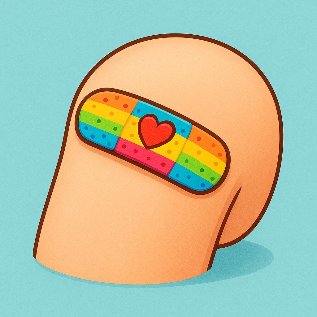 A cartoon depiction of a character's knee with a colorful bandage applied, indicating a scraped injury.