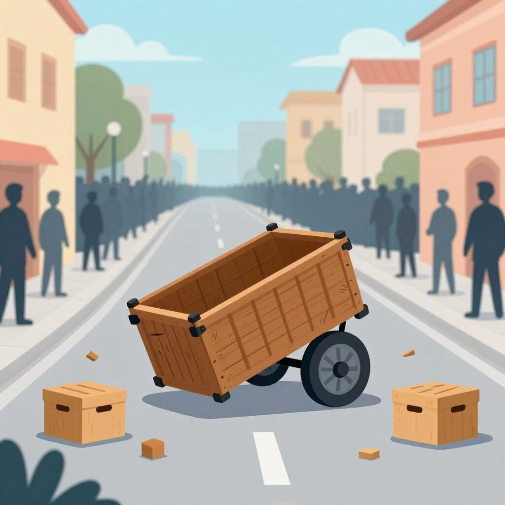 Een kleurrijke illustratie uit een prentenboek die een chaotische straatscène toont met omgevallen voorwerpen en een menigte mensen op de achtergrond.