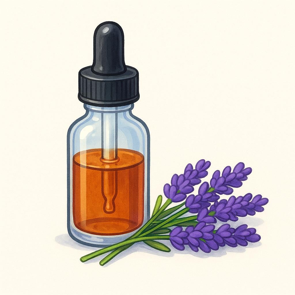 A clear glass dropper bottle containing a small amount of dark, concentrated amber liquid, sitting next to a small heap of fresh, vibrant purple lavender flowers.