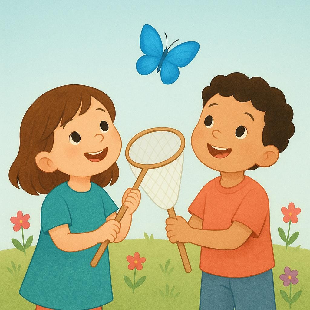 Duas crianças usando uma rede de borboletas para pegar uma borboleta azul brilhante em um campo ensolarado.