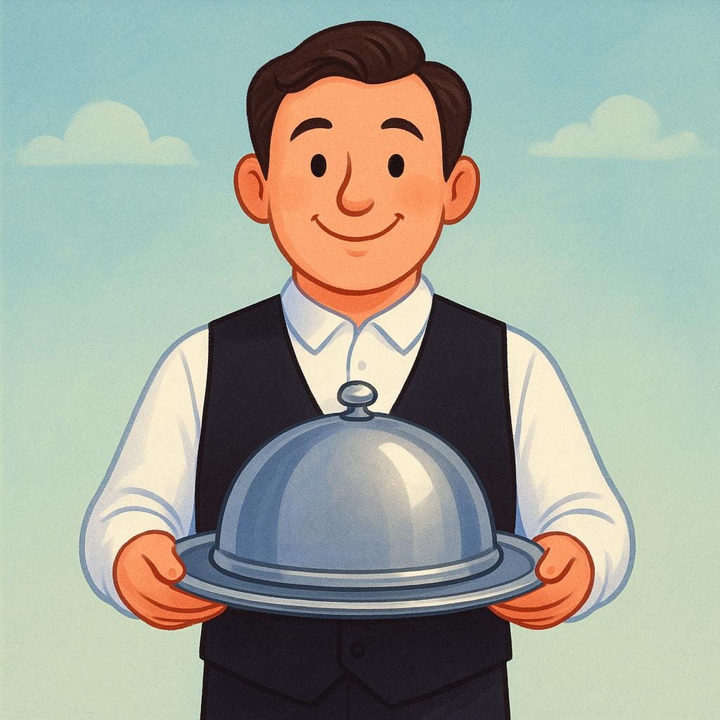 A smiling person wearing a black vest and white shirt is holding a large silver tray with a single covered plate on it, ready to serve food.