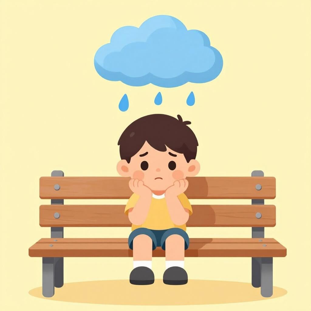 A child sitting on a wooden bench, looking down with their chin in their hands and a small rain cloud floating over their head.