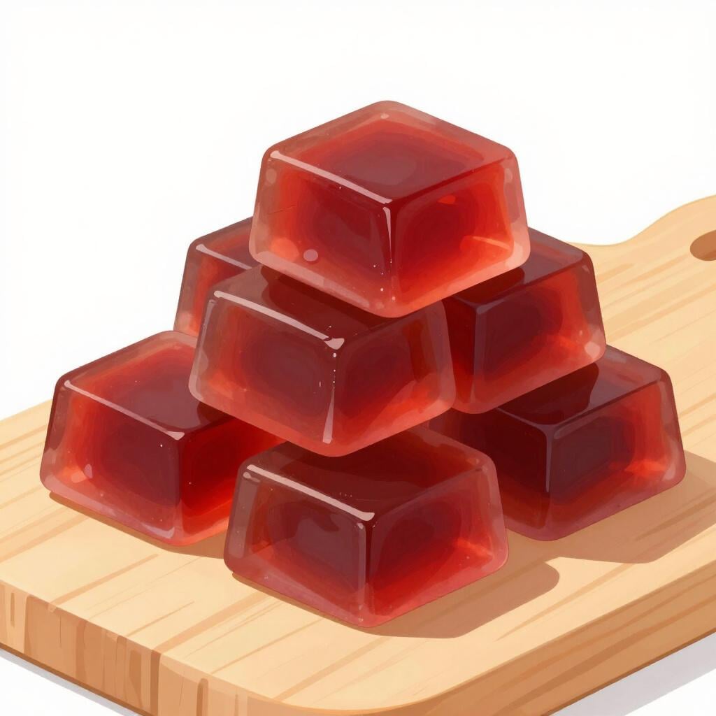 Small rectangular blocks of dark red guava jelly stacked neatly.