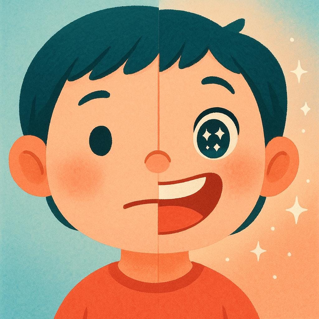 A simplified character's face instantly changing expression from neutral to extremely happy, indicated by a large, immediate smile and sparkling eyes.