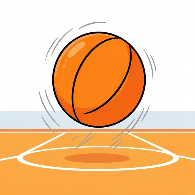 A bright orange basketball hitting the ground and jumping back up.
