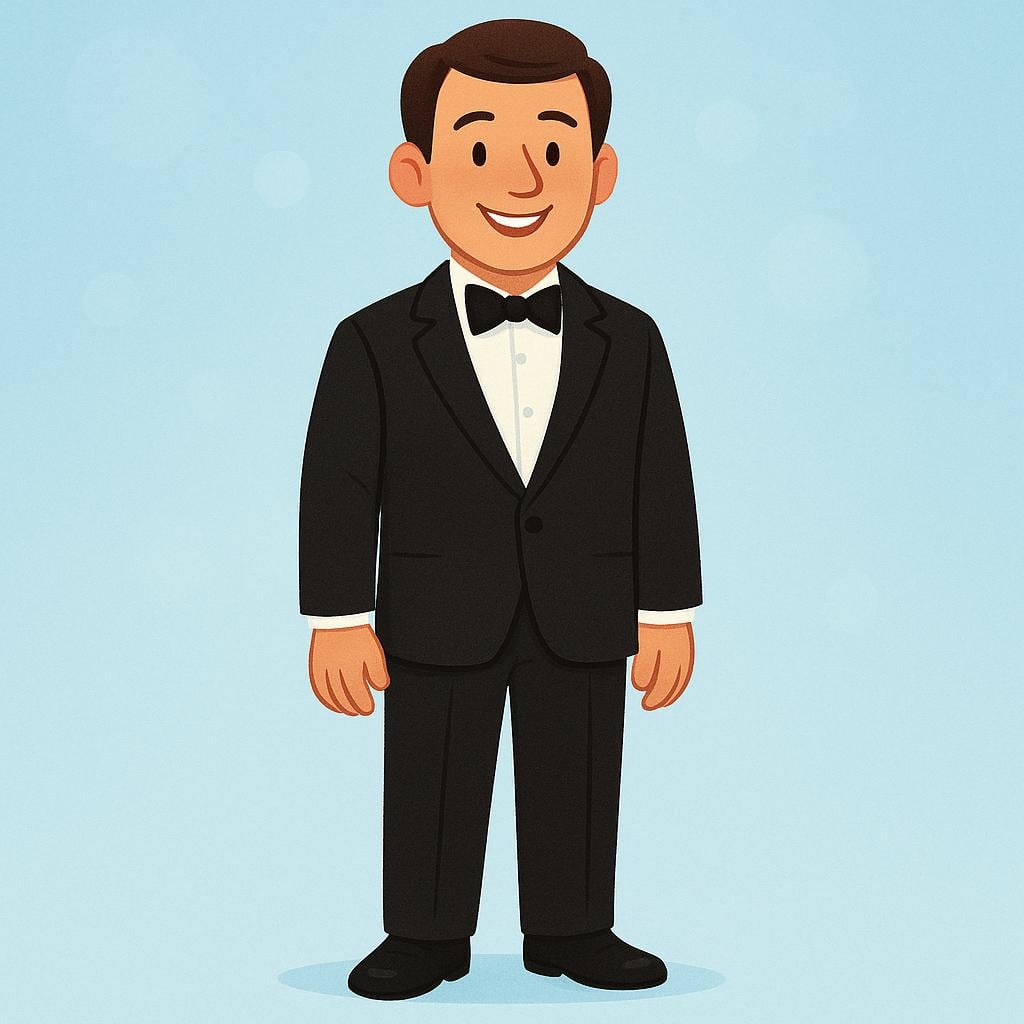 A man dressed in a formal tuxedo and bow tie, standing proudly, representing a groom at a wedding.