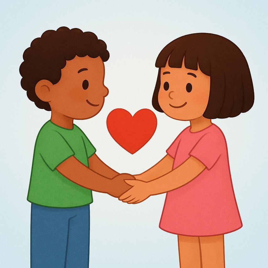 A colorful storybook illustration showing two smiling children holding hands, with a prominent red heart floating in the air between them, symbolizing affection.