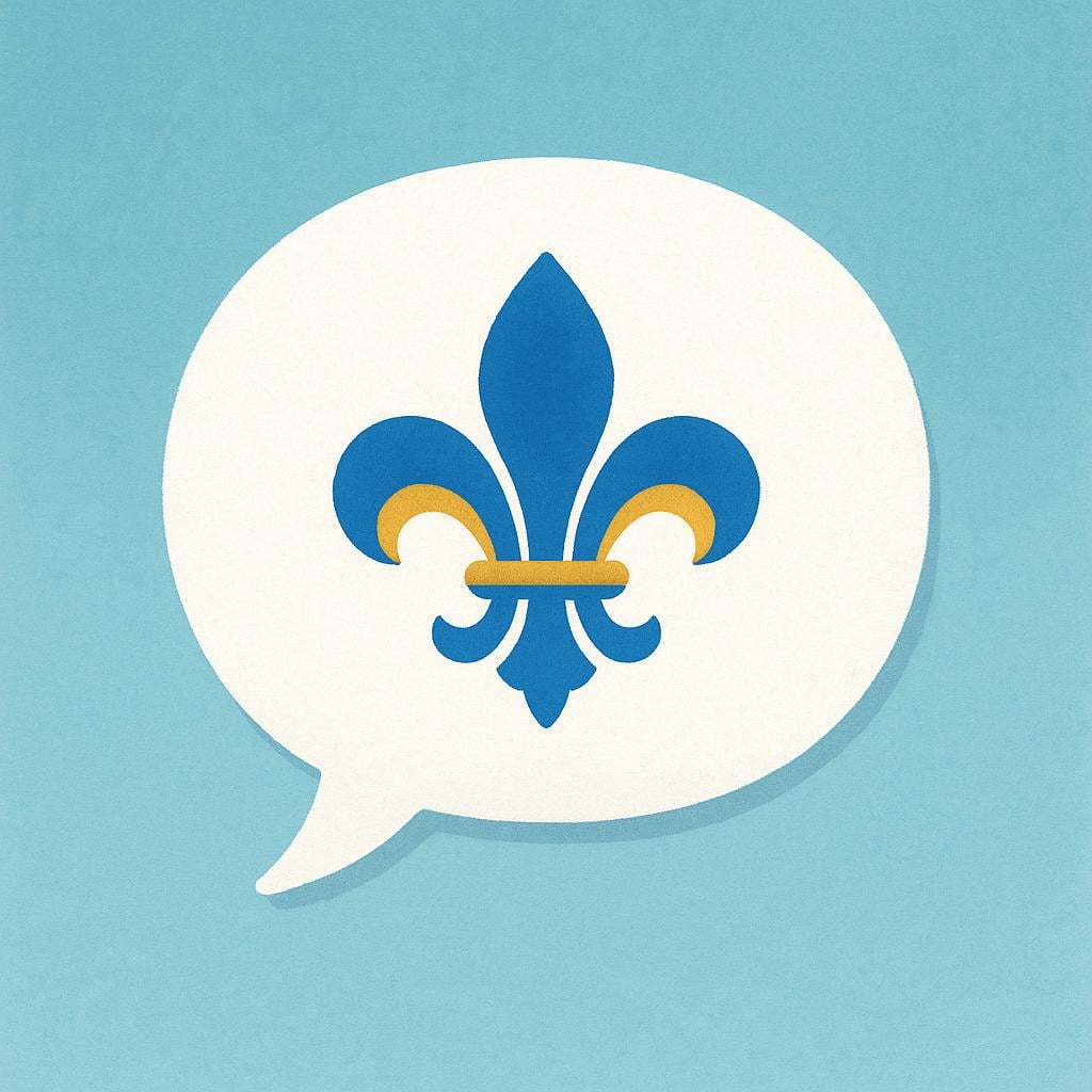 A stylized speech bubble floating in the air, containing a small, iconic blue and gold fleur-de-lis symbol inside, representing the French language.