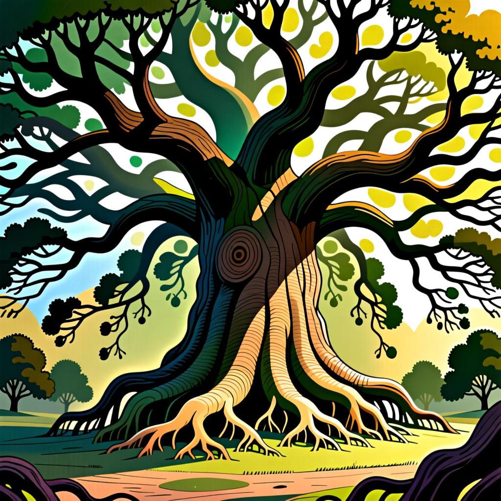 A large, ancient tree with strong roots and many branches spreading out from its central trunk, symbolizing an origin point.