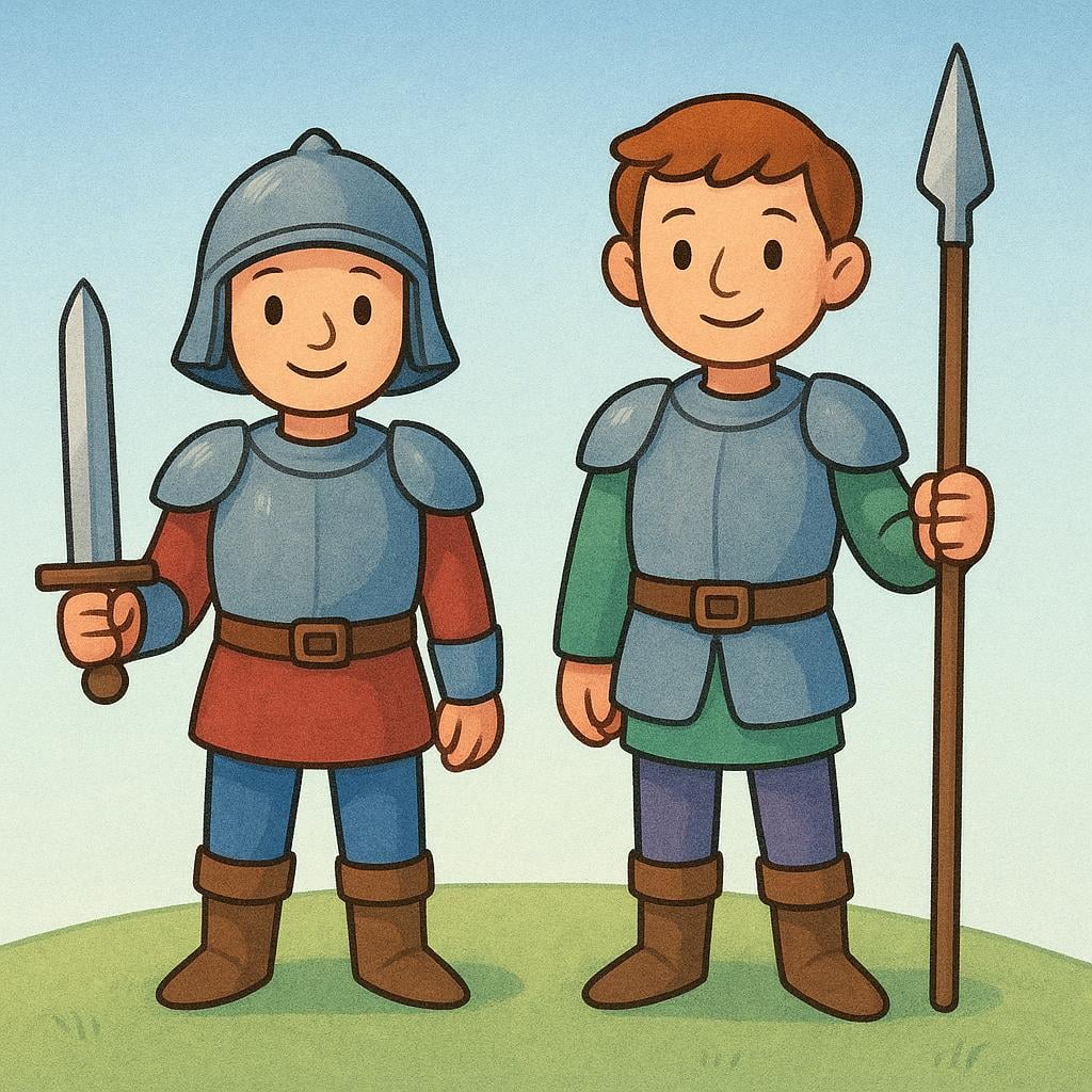 A storybook illustration showing two armored figures, one holding a sword and the other a spear.
