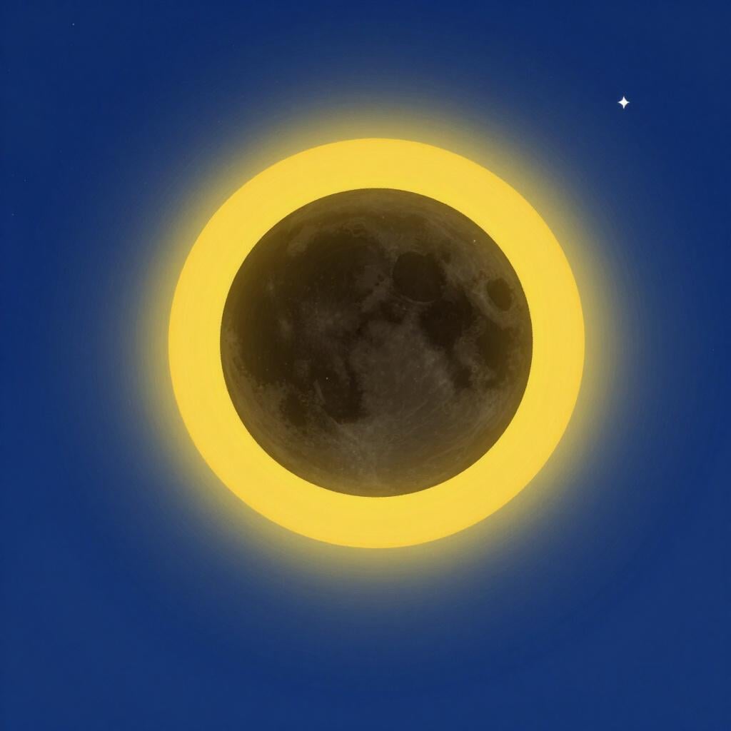 A solar eclipse where a dark moon covers a bright sun, showing a glowing ring of light in a dark sky.