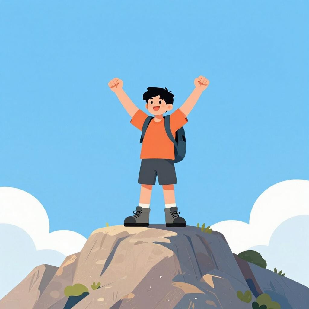 頂上に手を掲げて喜ぶ登山家の姿。