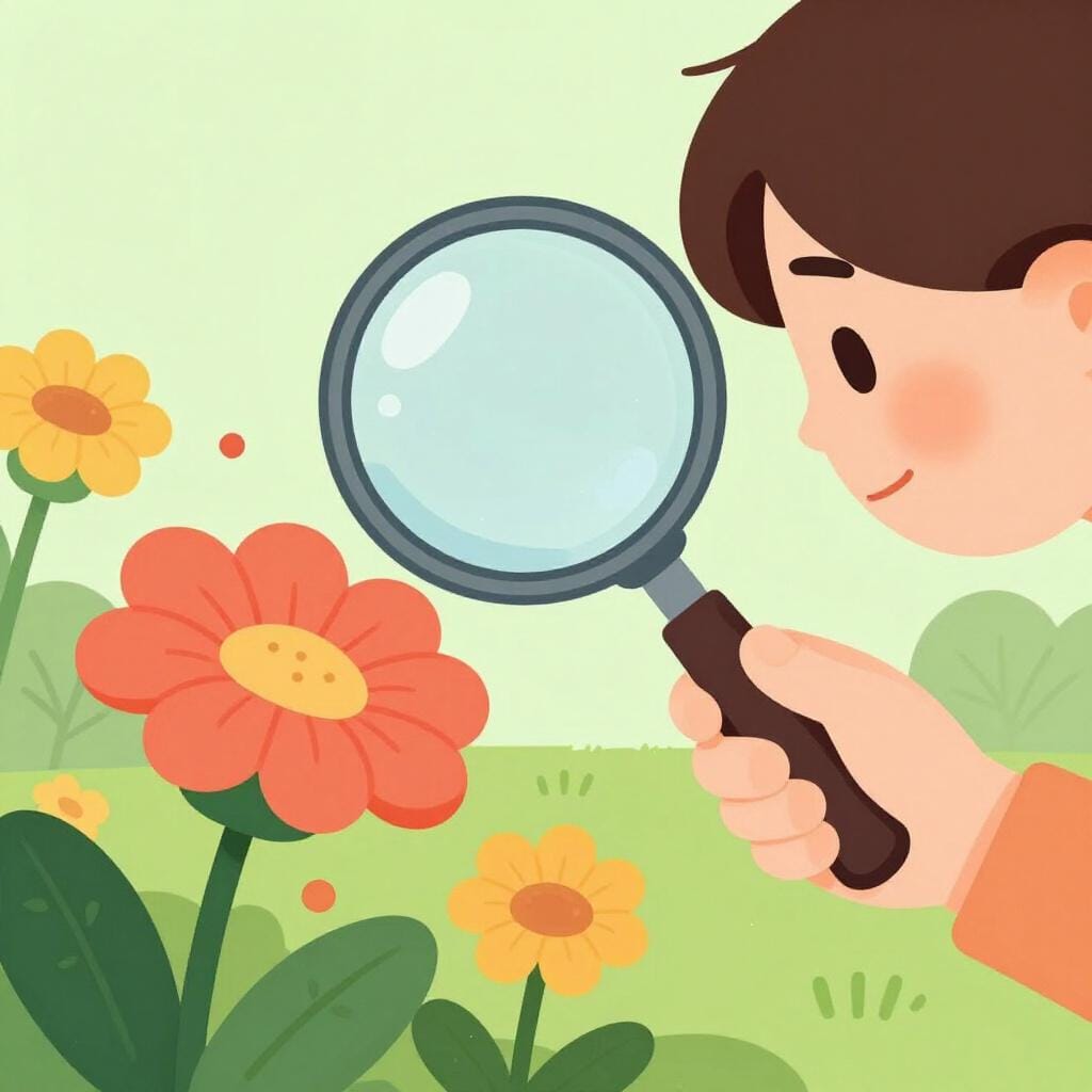 Eine Illustration einer Person, die mit einer Lupe jedes einzelne Blütenblatt einer großen Blume sorgfältig untersucht.