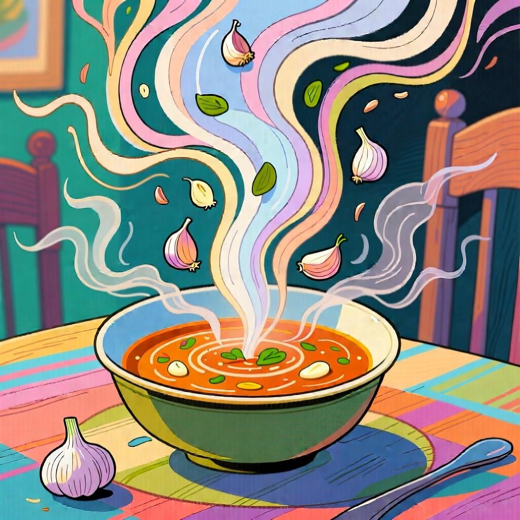 A steaming bowl of soup on a table. Stylized steam rises from the soup, containing small, distinct garlic cloves, illustrating the flavor.