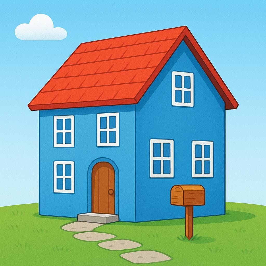 A cheerful, blue, two-story house with a red roof standing on a green lawn next to a simple wooden mailbox.
