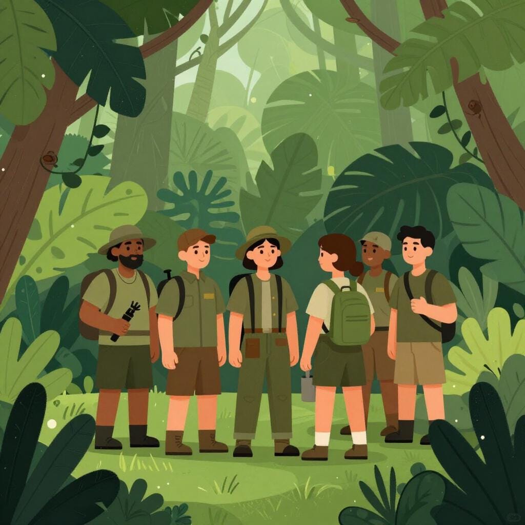 A small group of diverse individuals in casual outdoor clothing standing together in a lush forest, representing an organized team of irregular fighters.