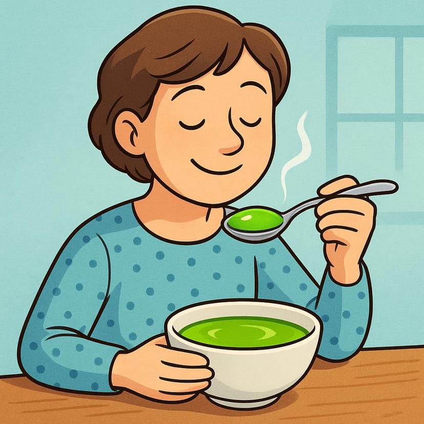 A person smiling while tasting a spoonful of brightly colored soup from a bowl, illustrating the verb 'to try' (food).
