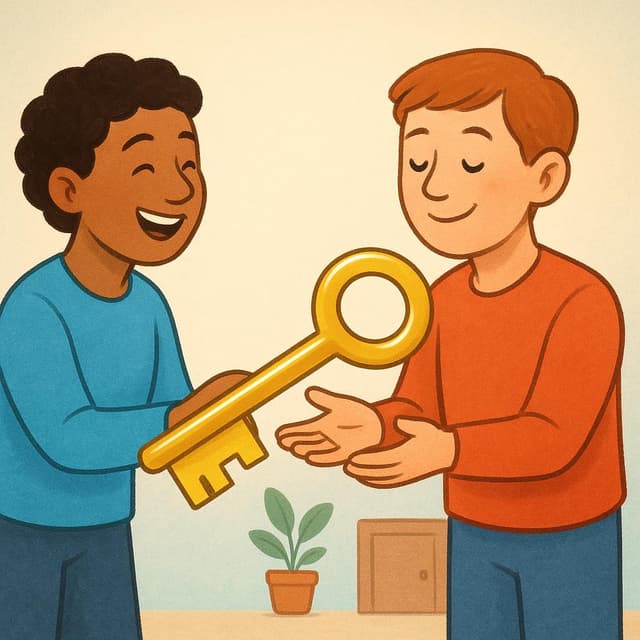 Eine Bilderbuchillustration, die zeigt, wie eine Person einer anderen Person glücklich einen großen goldenen Schlüssel überreicht, was die Erfüllung eines Versprechens oder einer Pflicht symbolisiert.