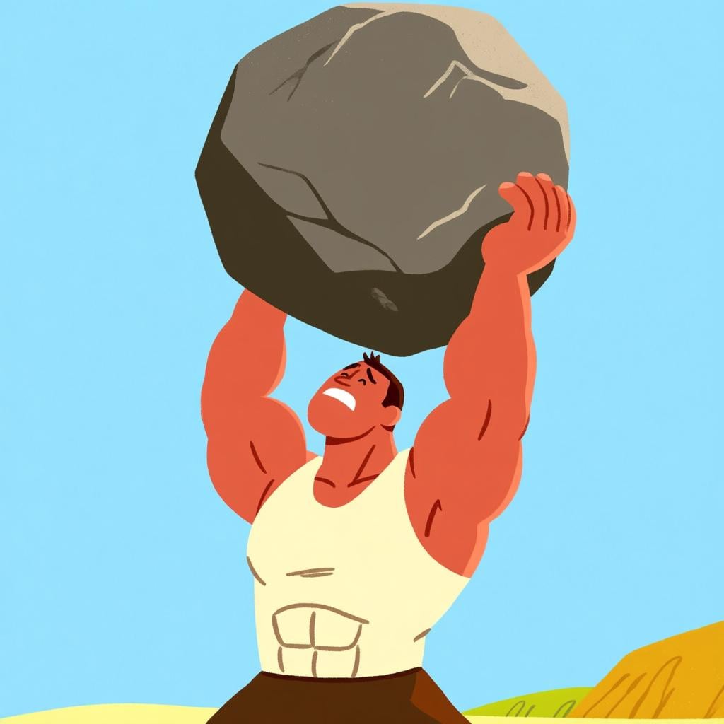 A strong person straining to lift a large, heavy grey boulder high above their head, demonstrating physical strength.