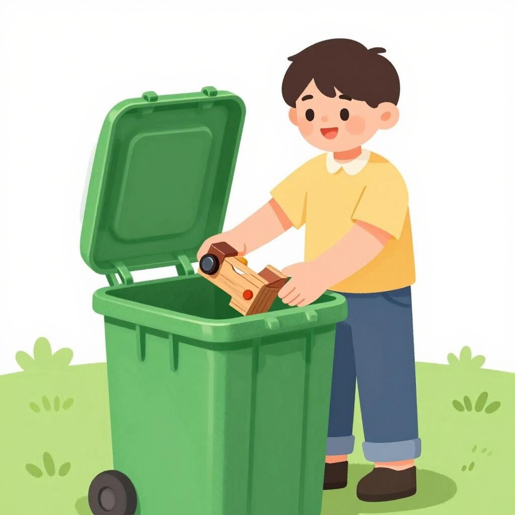 A person placing a broken old toy into a recycling bin.