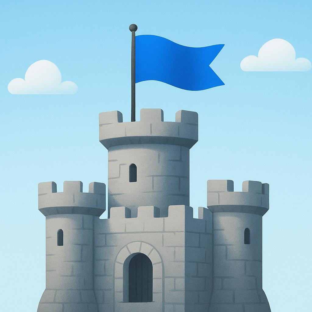 A small, bright blue flag being firmly planted on the highest turret of a simple stone castle, symbolizing control or military occupation.