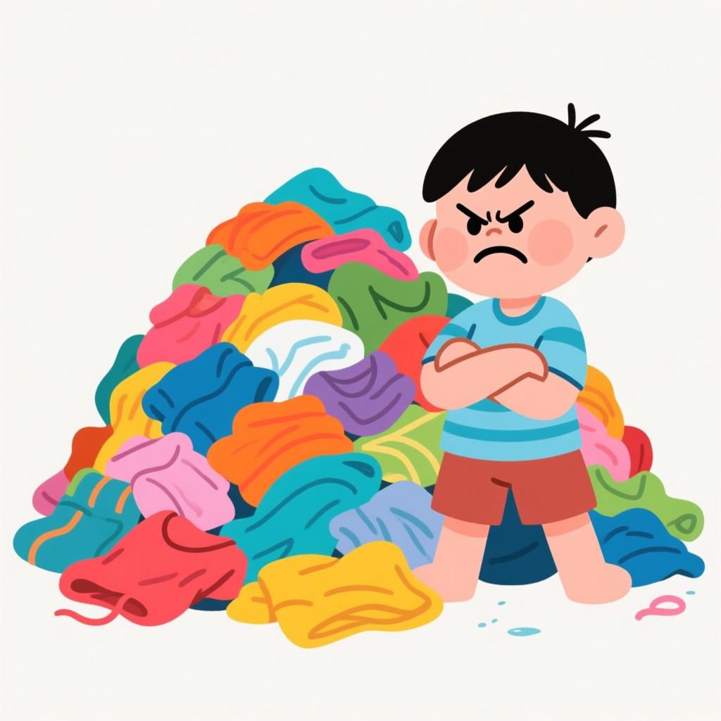 A simplified character with a strong frown and crossed arms, glaring intensely at a massive, overflowing pile of brightly colored laundry, signifying intense dislike.