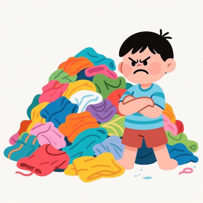 A simplified character with a strong frown and crossed arms, glaring intensely at a massive, overflowing pile of brightly colored laundry, signifying intense dislike.